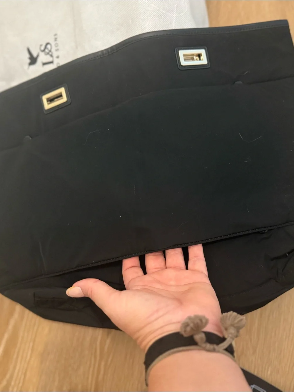 Lo&sons black Nylon Tote with Gold Hardware and luggage pass thru